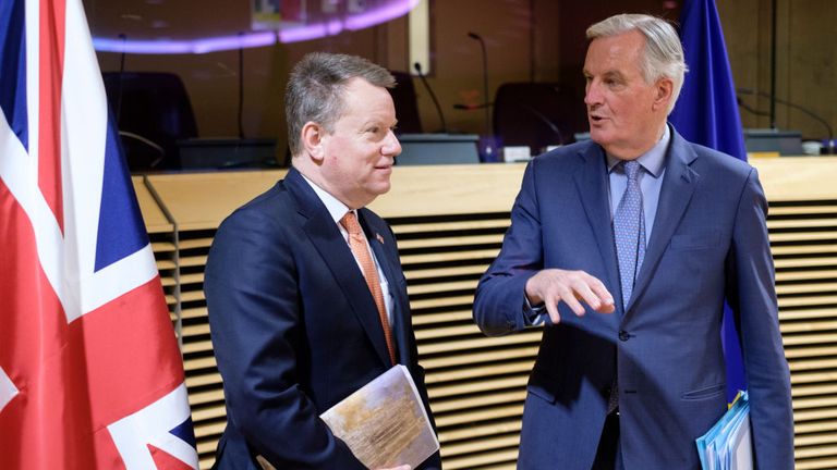 British Chief Negotiator of Task Force Europe at the Cabinet Office David George Hamilton Frost with the European Union Head of the UK Task Force Michel Barnier (R)