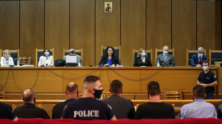 Presiding judge Maria Lepenioti attends a trial of leaders and members of the Golden Dawn far-right party in a court in Athens, Greece