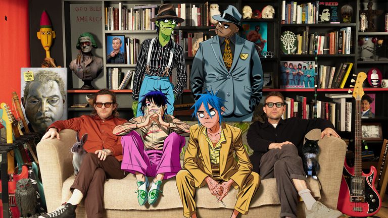 Damon Albarn and Jamie Hewlett, along with their cartoon creations Noodle, 2D, Murdoc and Russel. Pic: Gorillaz/Michael Leckie