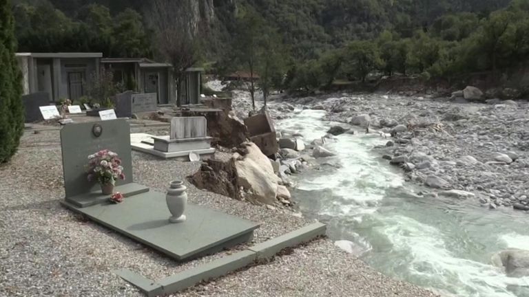 Human remains from a cemetery in southern France were swept down a mountainous valley by a violent storm, with some believed to have washed up on Italy&#39;s Mediterranean shore. Saint-Dalmas-de-Tende