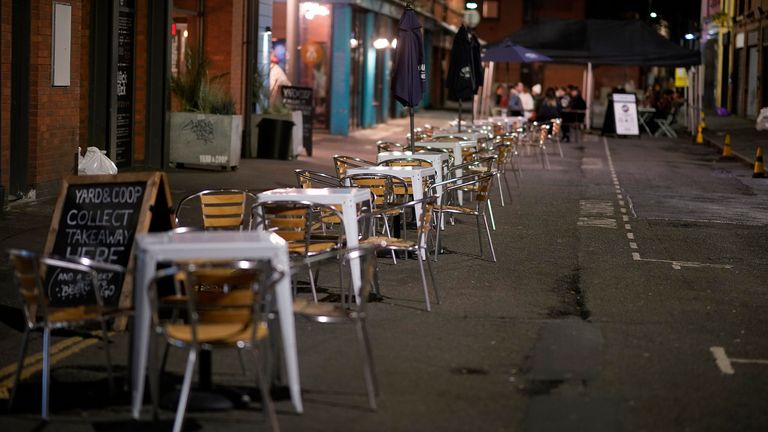 Empty tables and chairs on the eve of new Tier-3 Covid-19 restrictions on October 22, 2020 in Manchester, England