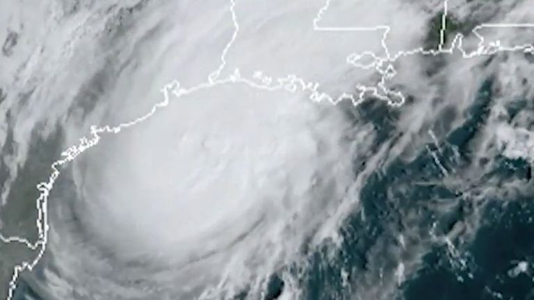 Image shows Hurricane Delta sweeping into Louisiana