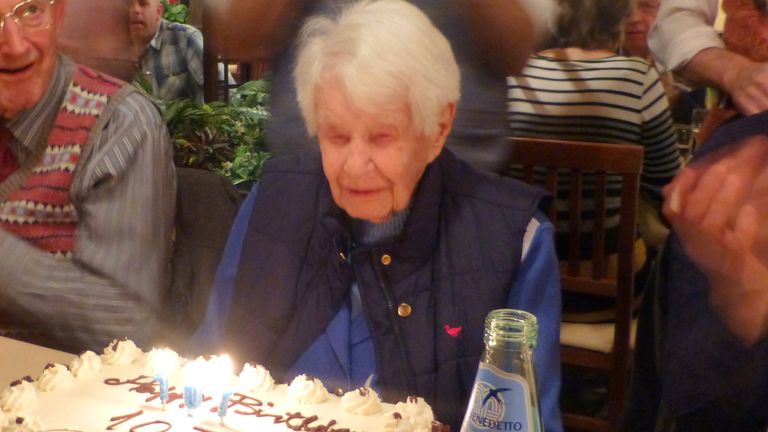Joan Hocquard celebrating her 112th birthday with family and friends