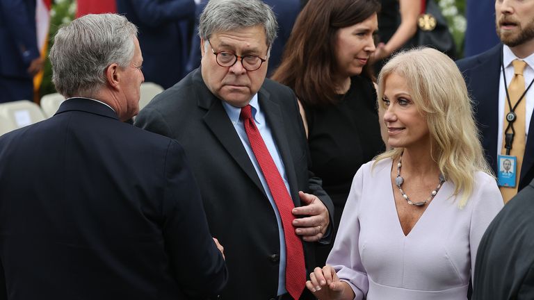 Kellyanne Conway speaks with Attorney General William Barr