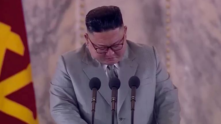 North Korean Leader Kim Jong Un reacts during a speech at a military parade marking 75th founding anniversary of Workers&#39; Party of Korea (Wpk), in this still image taken from video on October 12, 2020. KRT TV/ via REUTERS ATTENTION EDITORS - THIS VIDEO WAS PROVIDED BY A THIRD PARTY. NO USE NORTH KOREA. NORTH KOREA OUT. NO COMMERCIAL OR EDITORIAL SALES IN NORTH KOREA.