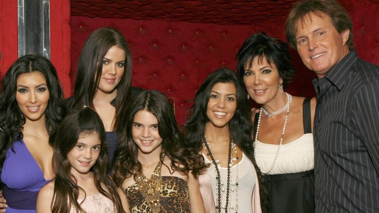 Ryan Seacrest, Kim Kardashian, Kylie Jenner, Khloe Kardashian, Kendall Jenner, Kourtney Kardashian, Kris Jenner and Bruce Jenner pose for a photo at the "Keeping Up With the Kardashians" viewing party at Chapter 8 Restaurant on October 16, 2007 in Agoura Hills, California