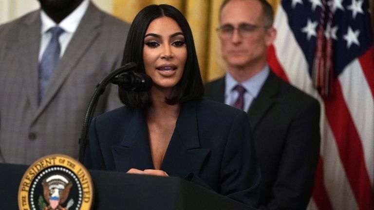                             WASHINGTON, DC - JUNE 13: Kim Kardashian West speaks during an East Room event on “second chance hiring” June 13, 2019 at the White House in Washington, DC. President Donald Trump held the event to highlight the achievements on Second Chance hiring and workforce development
