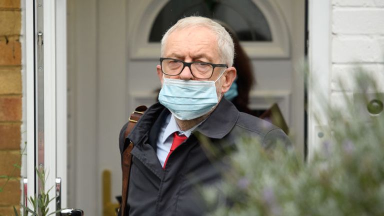 LONDON, ENGLAND - OCTOBER 29: Former Labour Party leader Jeremy Corbyn leaves his home on October 29, 2020 in London, England. The long-awaited report from the Equality and Human Rights Commission (EHRC) which was initiated in 2019 after Jewish groups alleged the party was institutionally antisemitic in its handling of complaints under the leadership of Jeremy Corbyn, is due to be published today. (Photo by Leon Neal/Getty Images)
