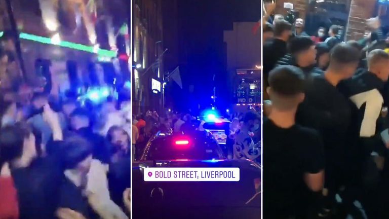 Footage on social media showed the large crowd in Liverpool&#39;s Concert Square after the 10pm curfew last night