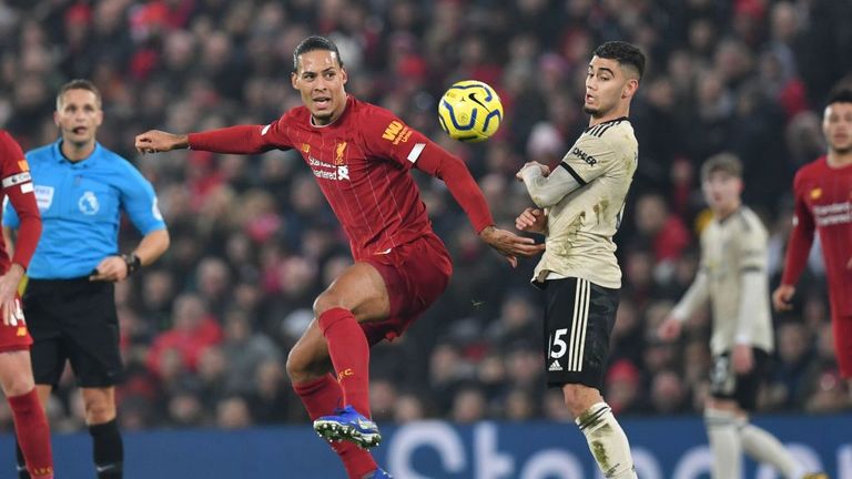 Liverpool defender Virgil van Dijk, left, competes for the ball against Manchester United&#39;s Andreas Pereira