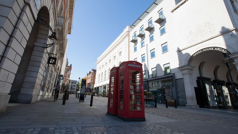 A view of closed shops in a quiet and empty Covent Garden on May 06, 2020 in London. The country continued quarantine measures intended to curb the spread of Covid-19, but the infection rate is falling, and government officials are discussing the terms under which it would ease the lockdown. (