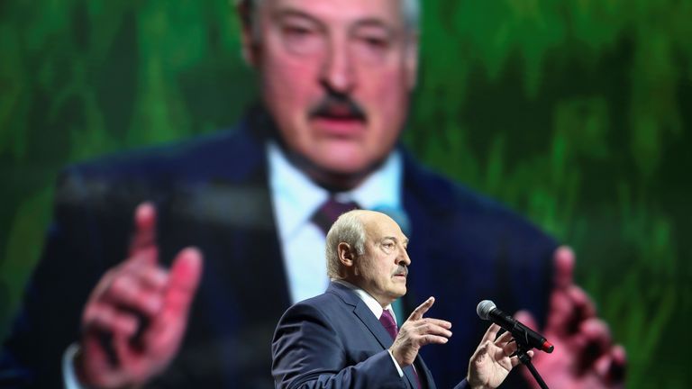 FILE PHOTO: Belarusian President Alexander Lukashenko speaks at the forum of Union of Women in Minsk, Belarus September 17, 2020. Tut.By via REUTERS ATTENTION EDITORS - THIS IMAGE WAS PROVIDED BY A THIRD PARTY. MANDATORY CREDIT/File Photo
