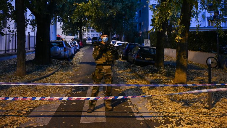 A French soldier stands behind a cordon on October 31, 2020 in Lyon near the scene where an attacker armed with a sawn-off shotgun wounded an Orthodox priest in a shooting before fleeing, said a police source. - The priest, who has Greek nationality, was closing his church when the attack happened and is now in a serious condition, said the source, who asked not to be named. Pic: Getty