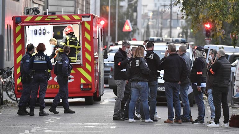 Security and emergency personnel are on October 31, 2020 in Lyon at the scene where an attacker armed with a sawn-off shotgun wounded an Orthodox priest in a shooting before fleeing, said a police source. - The priest, who has Greek nationality, was closing his church when the attack happened and is now in a serious condition, said the source, who asked not to be named. The shooting comes three days after three people were killed in a knife rampage. Pic: Getty