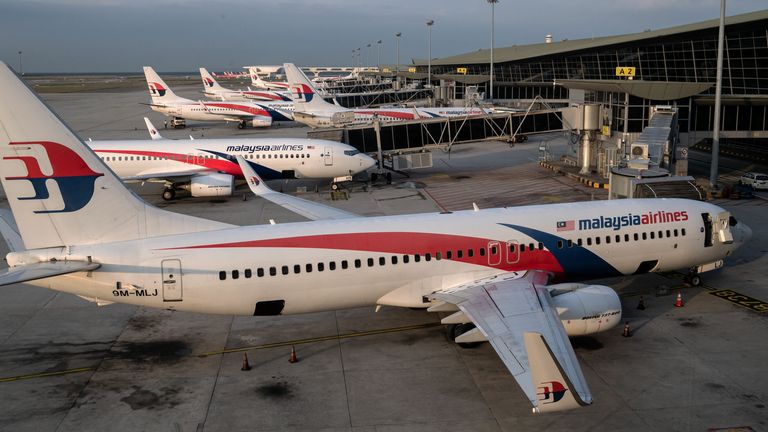 In this picture taken on February 14, 2020, Malaysia Airlines planes are parked at the boarding gates at the Kuala Lumpur International Airport in Kuala Lumpur
