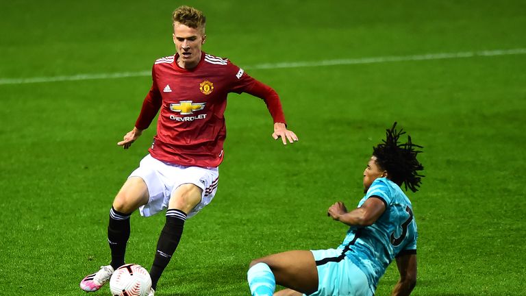 LEIGH, ENGLAND - SEPTEMBER 25: Lukasz Bejger of Manchester United U23s in action during the Premier League 2 match between Manchester United U23s and Liverpool U23s at Leigh Sports Village on September 25, 2020 in Leigh, England. (Photo by Manchester United/Manchester United via Getty Images)
