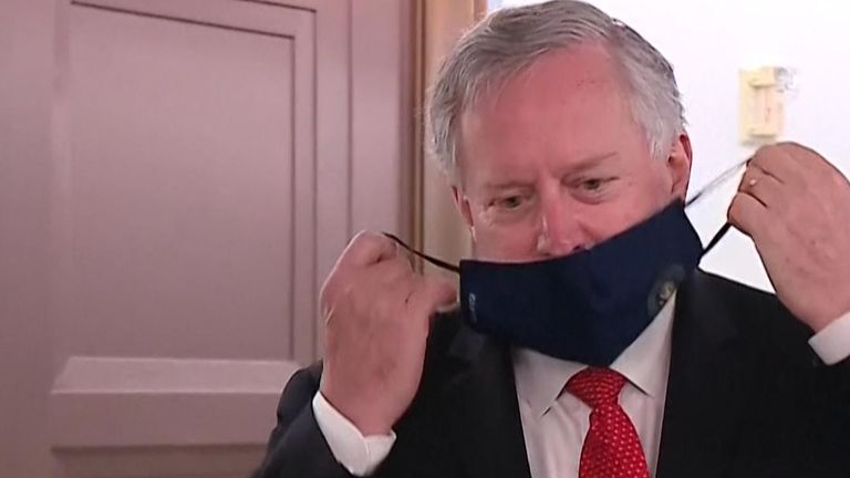 White House chief of staff Mark Meadows refuses to wear a mask whilte talking to reporters