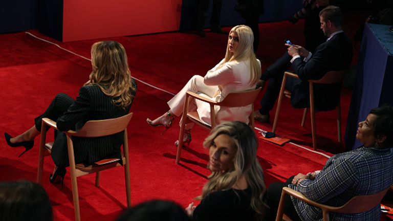 (Left to right) Melania, Ivanka and Eric Trump not wearing masks during Tuesday&#39;s presidential debate 