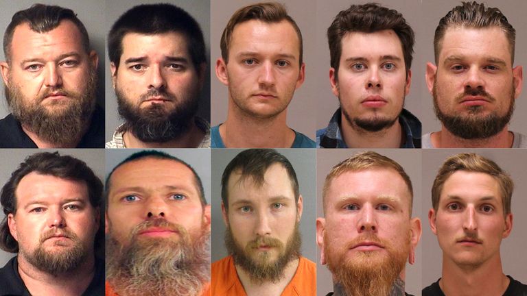 Mugshots for 10 of the 13 people charged after the FBI uncovered a plot to kidnap Michigan Governor Gretchen Whitmer: (Top L-R) William Null, Eric Molitor, Kaleb Franks, Ty Garbin and Adam Fox. (Bottom (L-R) Michael Null, Pete Musico, Joseph Morrison, Brandon Caserta and Daniel Harris
