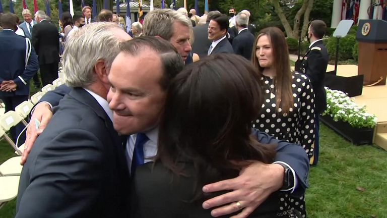 Senator Mike Lee was filmed not wearing a facemask and hugging other guests at a White House event on September 26