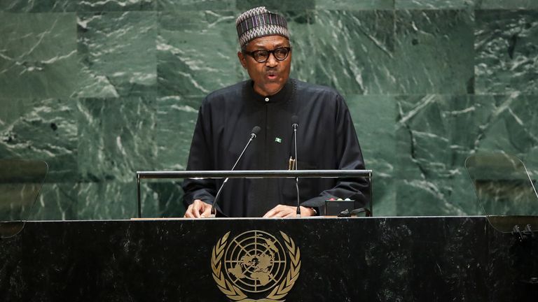 President of Nigeria Muhammadu Buhari addresses the United Nations General Assembly at UN headquarters on September 24, 2019 in New York City.