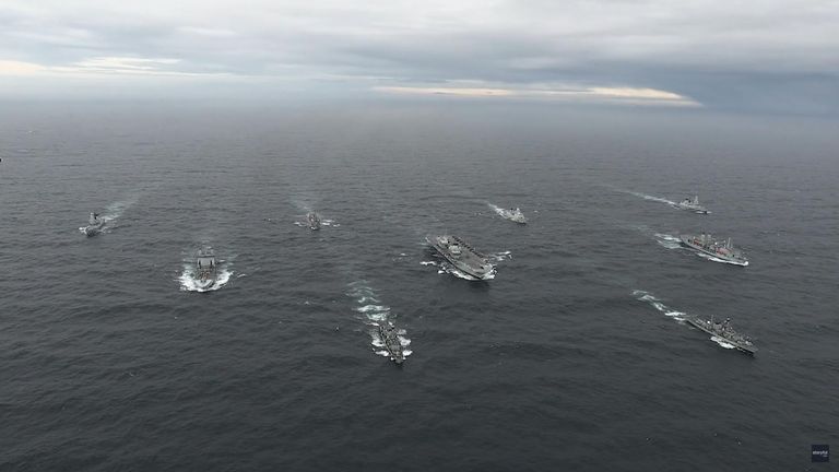 This footage shows HMS Queen Elizabeth, two destroyers and two frigates from the Royal Navy, two supply ships, the USS The Sullivans, and the Dutch Navy’s HNLMS Evertsen