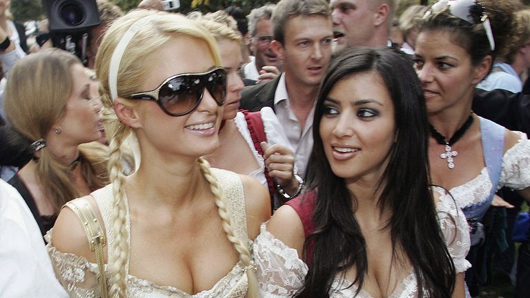 Socialite/actress Paris Hilton and Kim Kardashian attend the Octoberfest to promote the new canned sparkling wine "Rich Prosecco" at the Munich Octoberfest on September 25, 2006 in Munich, Germany