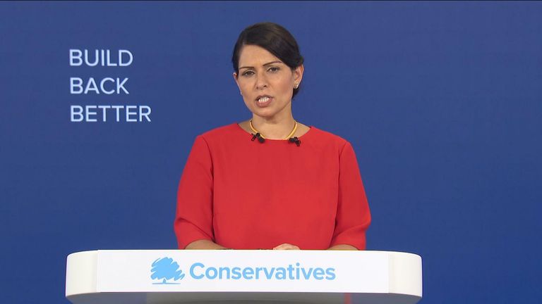 Priti Patel gives a speech at the virtual Conservative Party Conference
