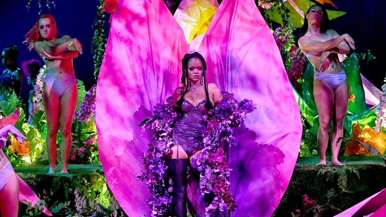Rihanna is seen onstage during Rihanna&#39;s Savage X Fenty Show Vol. 2 presented by Amazon Prime Video at the Los Angeles Convention Center in Los Angeles, California; and broadcast on October 2, 2020