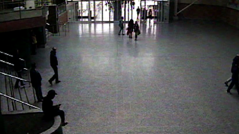 The bomber sits on a low wall in the arena&#39;s foyer