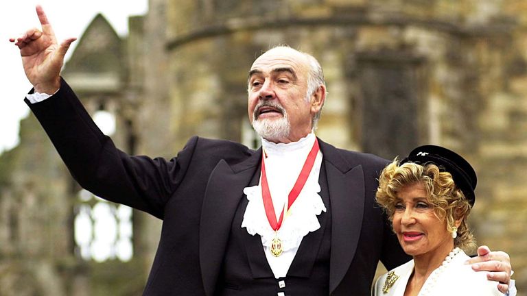 Sir Sean Connery, with wife Micheline (R), pose for photographers after he was formally knighted by ..
Sir Sean Connery, with wife Micheline (R), pose for photographers after he was formally knighted by the Britain&#39;s [Queen Elizabeth] at Holyrood Palace in Edinburgh July 5. [The Scottish screen legend, famous for his role as James Bond, was honoured two years after he was reportedly denied a knighthood because of his passionate Scottish nationalism. ]
DOWNLOAD PICTURE
Date: 05/07/2000 12:00
Dime