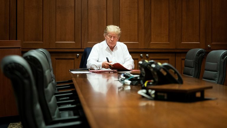 President Donald J. Trump in his conference room at Walter Reed National Military Medical Center in Bethesda, Md. Saturday, Oct. 3, 2020, after testing positive for COVID-19. (Official White House Photo by Joyce N. Boghosian) 