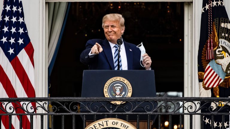 WASHINGTON, DC - OCTOBER 10: U.S. President Donald Trump addresses a rally in support of law and order on the South Lawn of the White House on October 10, 2020 in Washington, DC. President Trump invited over two thousand guests to hear him speak just a week after he was hospitalized for COVID-19. (Photo by Samuel Corum/Getty Images)
