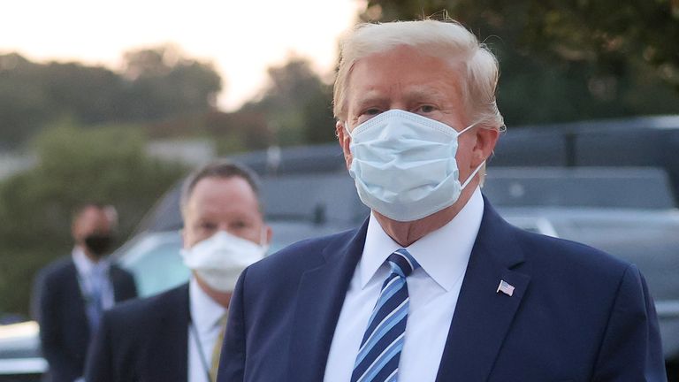 U.S. President Donald Trump looks over at reporters and photographers as the president departs Walter Reed National Military Medical Center after a fourth day of treatment for the coronavirus disease (COVID-19) to return to the White House in Washington from the hospital in Bethesda, Maryland, U.S., October 5, 2020. REUTERS/Jonathan Ernst
