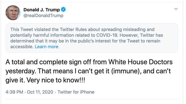 Twitter labelled Donald Trump&#39;s tweet regarding his claims about immunity