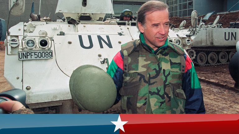 Sen. Joe Biden (D-DE) speaks to reporters in front of a Danish U.N. armoured personnel carrier at the airport in Sarajevo, Bosnia April 9, 1993. REUTERS/Chris Helgren