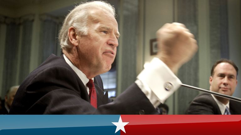 Sen Joe Biden (D-DE) shakes his fist as he lashes out on steroid use in sports, during a hearing of the Senate Commerce, Science and Transportation Committee on Capitol Hill March 10, 2004. At right, is Rep. John Sweeney (R-NY). Today&#39;s hearing comes in the wake of damaging revelations about steroid use among some of professional baseball&#39;s top players. REUTERS/Kevin Lamarque  KL