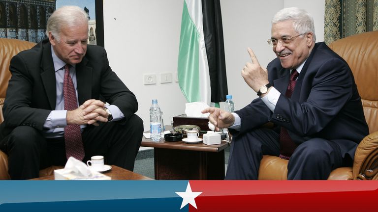 U.S. Senator Joe Biden (D-DE) of the U.S. Senate Foreign Relations Committee talks with Palestinian presidential candidate Mahmoud Abbas (R) in the West Bank city of Ramallah January 9, 2005. Palestinians voted on Sunday for a successor to Yasser Arafat and looked likely to elect Mahmoud Abbas, a pragmatist who has promised to revive a peace process with Israel after years of bloodshed. REUTERS/David Furst  CLH/WS