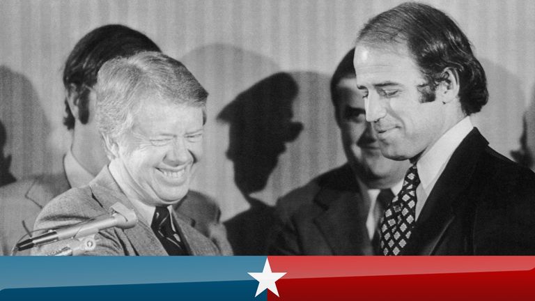 Presidential candidate Jimmy Carter accepts the support of Senator Joseph Biden