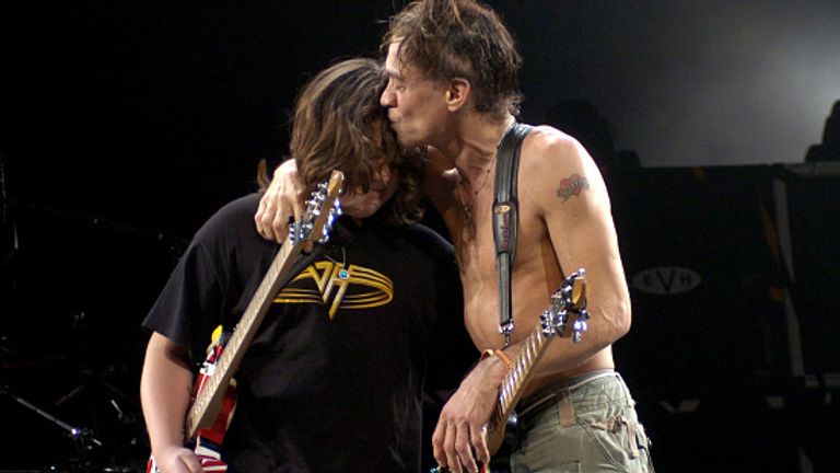 Van Halen on stage with his son, Wolfgang, in 2004