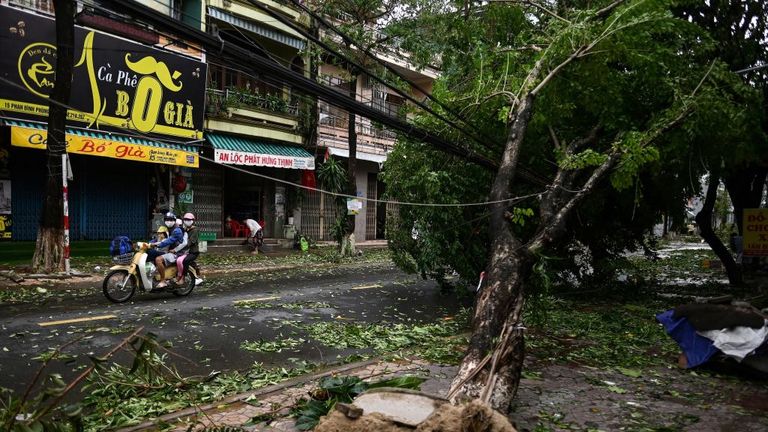 A family rides on a scooter past uprooted trees in central Vietnam&#39;s Quang Ngai province