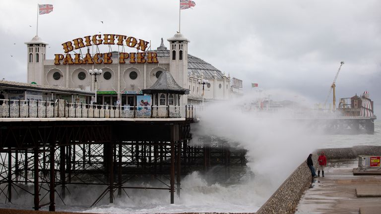 .   BRIGHTON, ENGLAND - OCTOBER 02: Waves break along the beach on October 02, 2020 in Brighton, England. (Photo by Luke Dray/Getty Images)