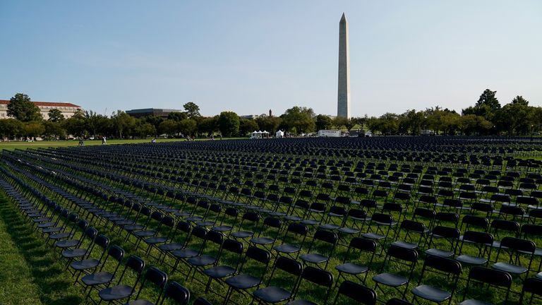 Empty chairs representing a fraction of the 200,000 U.S. lives lost to coronavirus disease (COVID-19) are seen during the National COVID-19 Remembrance near the White House in Washington, U.S. October 4, 2020. REUTERS/Erin Scott 