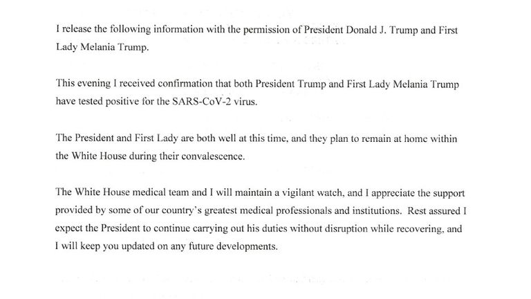 A letter from the White House physician confirming the president&#39;s positive test