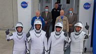 CAPE CANAVERAL, FL - NOVEMBER 15:  (L-R) NASA astronauts, mission specialist Shannon Walker, vehicle pilot Victor Glover, commander Mike Hopkins and mission specialist from the Japan Aerospace Exploration Agency (JAXA), astronaut Soichi Noguchi walk out of the Operations and Checkout Building November 15, 2020 on their way to the SpaceX Falcon 9 rocket with the Crew Dragon spacecraft on launch pad 39A at the Kennedy Space Center on November 15, 2020 in Cape Canaveral, Florida. This will mark the second astronaut launch from U.S. soil by NASA and SpaceX and the first operational mission named Crew-1 to the International Space Station. (Photo by Red Huber/Getty Images)