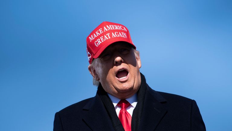 TOPSHOT - US President Donald Trump speaks during a Make America Great Again rally at Fayetteville Regional Airport November 2, 2020, in Fayetteville, North Carolina. - The US presidential campaign enters its final day Monday with a last-minute scramble for votes by Donald Trump and Joe Biden, drawing to a close an extraordinary race that has put a pandemic-stricken country on edge. (Photo by Brendan Smialowski / AFP) (Photo by BRENDAN SMIALOWSKI/AFP via Getty Images)