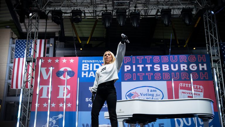 PITTSBURGH, PA - NOVEMBER 02: Lady Gaga performs in support of Democratic presidential nominee Joe Biden during a drive-in campaign rally at Heinz Field on November 02, 2020 in Pittsburgh, Pennsylvania. One day before the election, Biden is campaigning in Pennsylvania, a key battleground state that President Donald Trump won narrowly in 2016. (Photo by Drew Angerer/Getty Images)