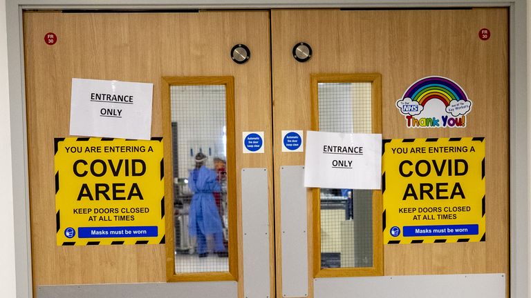 The entrance to one of five Covid-19 wards at Whiston Hospital in Merseyside where patients are taken to recover from the virus.