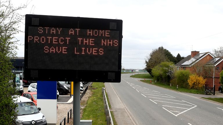 A sign advising motorists to Stay at Home, Protect the NHS, Save Lives on the A38 in Norton, Worcester as the UK continues in lockdown to help curb the spread of the coronavirus.