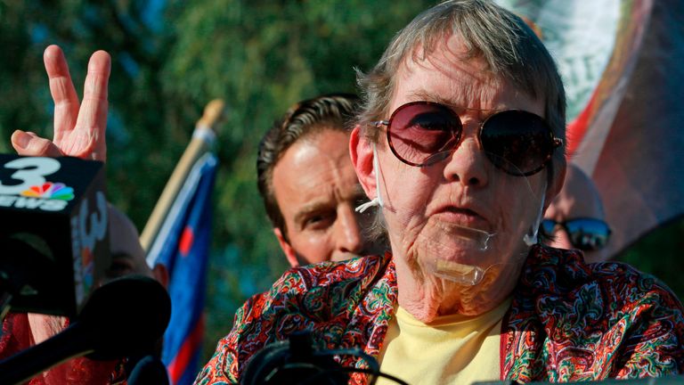 Clark County resident Jill Stoke speaks to the media about not receiving her ballot in the mail during a press conference by members of Donald J. Trump for President, Inc., outside the Clark County Elections Department on November 5, 2020, in North Las Vegas.  (Photo by Ronda Churchill / AFP) (Photo by RONDA CHURCHILL / AFP via Getty Images)